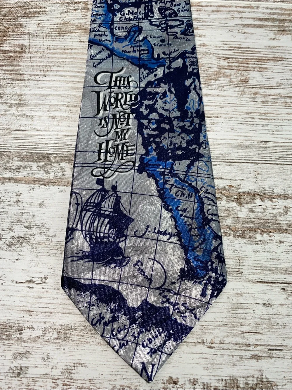 Steven Harris Gospel Quote Necktie Blue Gray Vintage Nautical Ship Map
